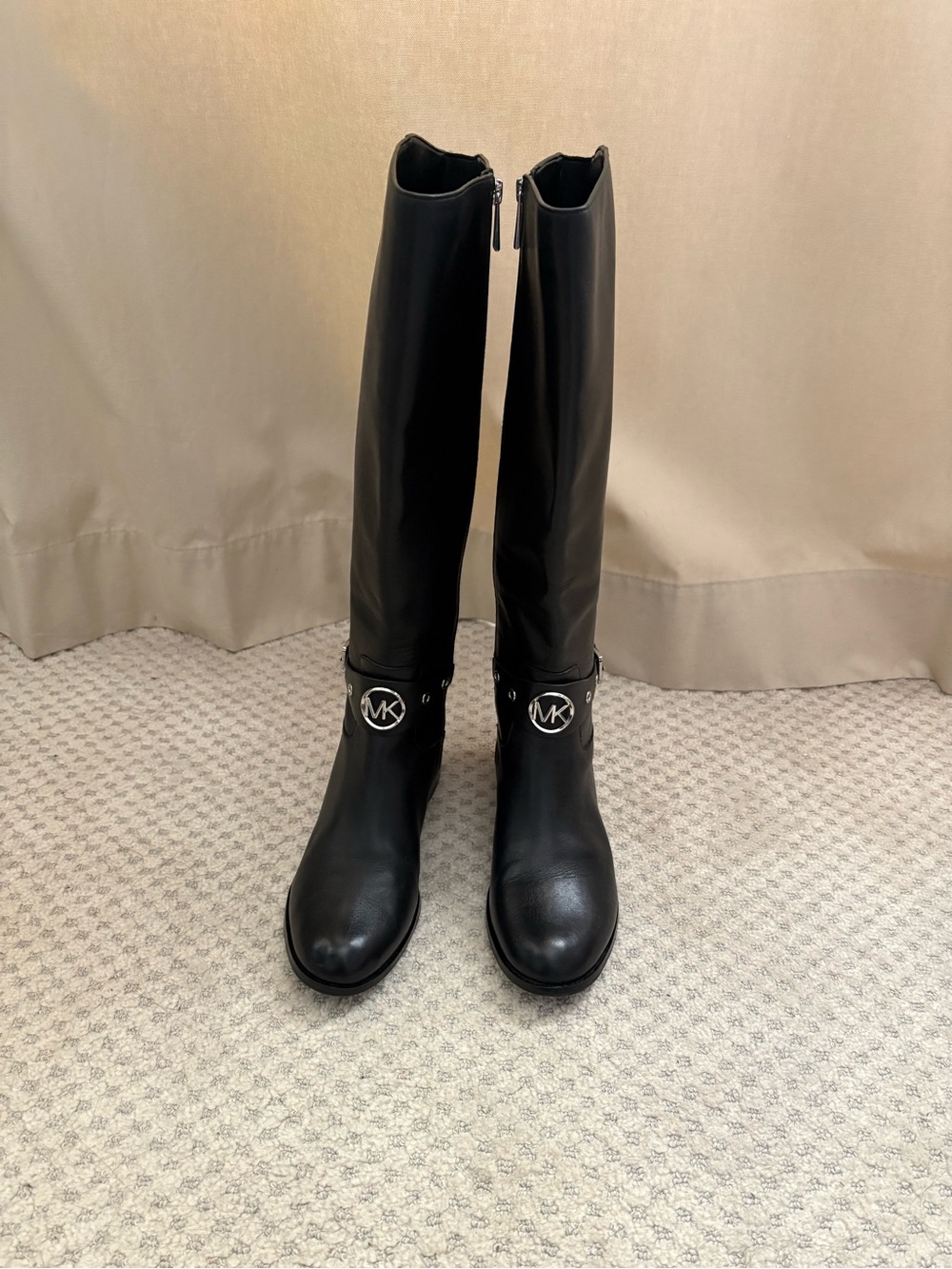 Michael Kors Black Leather Over-the-Knee Riding Boots with Logo Harness - Picture 6 of 10